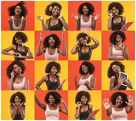 Image showing Collage about surprised and happy beautiful afro woman