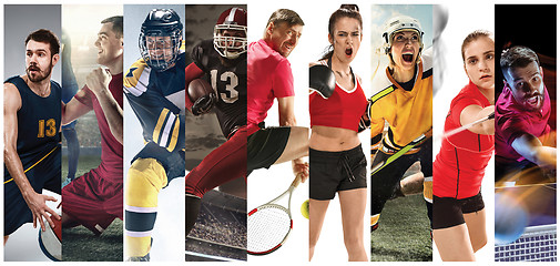 Image showing Sport collage about soccer, american football, badminton, tennis, boxing, ice and field hockey, table tennis