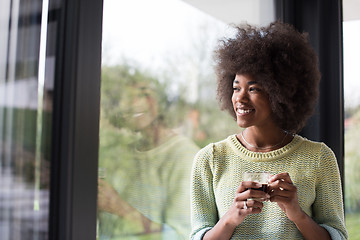 Image showing African American woman drinking coffee looking out the window