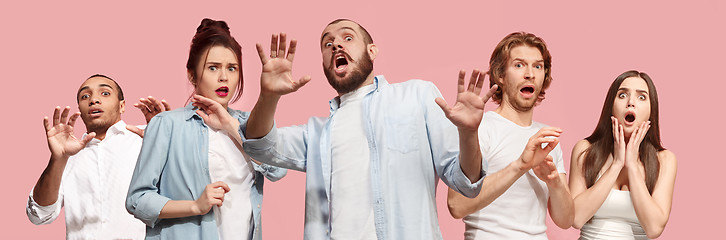 Image showing Group of frightened people, woman and man stressful keeping hands on head, terrified in panic, shouting