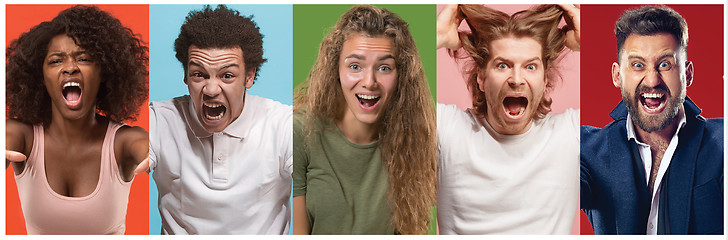 Image showing Angry people screaming. The collage of different human facial expressions, emotions and feelings of young men and women.