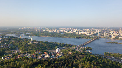 Image showing Aerial view panoramic view of the city of Kiev part of the Botanical Garden and the Dnieper River. Photo from the drone