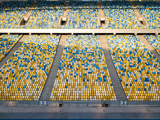 Image showing KYIV, UKRAINE - July 19, 2018. Empty tribunes of NSC Olimpiysky before the soccer game.