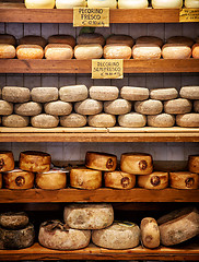 Image showing Delicious cheeses in a grocery store in Pienza