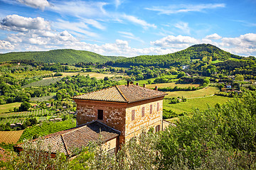 Image showing View over the Tuscan countryside and the town of Montepulciano, 