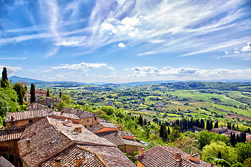 Image showing View over the Tuscan countryside and the town of Montepulciano, 