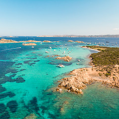 Image showing Drone aerial view of Razzoli, Santa Maria and Budelli islands in Maddalena Archipelago, Sardinia, Italy.