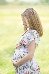 Image showing Beautiful pregnant woman in white summer dress in meadow full of yellow blooming flovers.