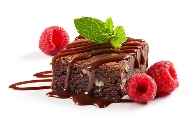 Image showing piece of chocolate cake brownie with raspberries