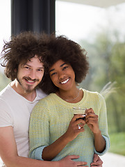 Image showing happy multiethnic couple relaxing at modern home indoors