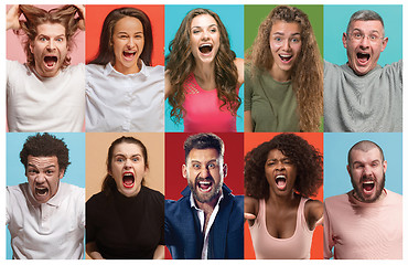 Image showing Angry people screaming. The collage of different human facial expressions, emotions and feelings of young men and women.