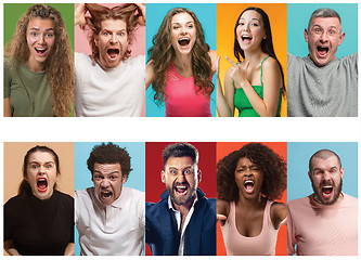 Image showing Angry people screaming. The collage of different human facial expressions, emotions and feelings of young men and women.