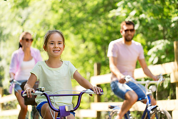 Image showing happy family riding bicycles in summer park