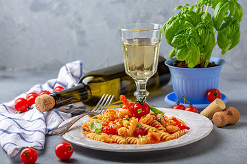 Image showing Pasta with tomato sauce and shrimp.