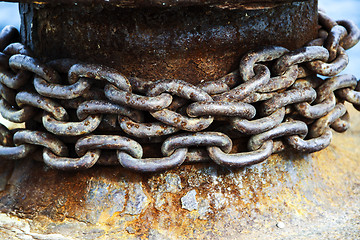 Image showing Old and rusty mooring post