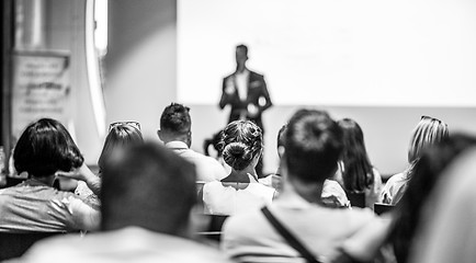 Image showing Business speaker giving a talk at business conference event.