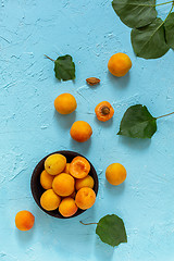 Image showing Fresh orange apricots in black wooden bowl.