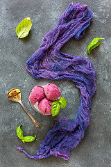 Image showing Homemade blueberry ice cream with basil.