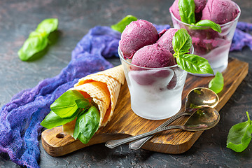 Image showing Homemade blueberry ice cream with basil.