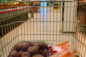 Image showing view from the shopping cart. product in the supermarket trolley.