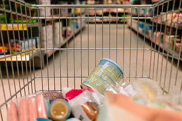 Image showing view from the shopping cart. product in the supermarket trolley.