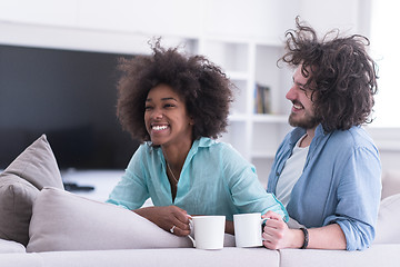 Image showing multiethnic couple sitting on sofa at home drinking coffe