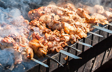 Image showing Appetizing hot shish kebab on metal skewers