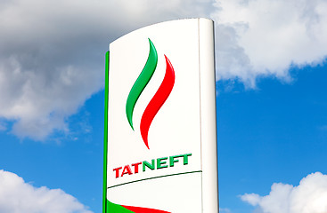 Image showing  Logo of oil company Tatneft against blue sky. Tatneft is one of