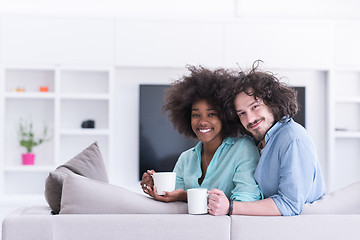 Image showing multiethnic couple sitting on sofa at home drinking coffe