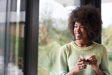 Image showing African American woman drinking coffee looking out the window