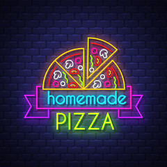 Image showing Homemade Pizza - Neon Sign Vector on brick wall background