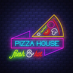 Image showing Pizza House - Neon Sign Vector on brick wall background