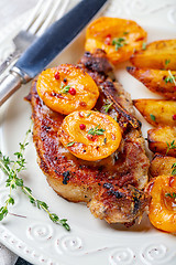 Image showing Entrecote of pork with apricots and thyme.