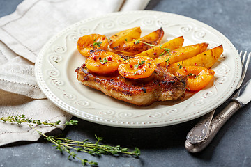 Image showing Entrecote of pork with caramelized apricots.