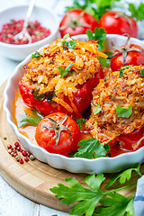 Image showing Peppers stuffed with meat and vegetables close up.