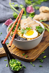 Image showing Soup with noodles, pork and egg in Asian style.