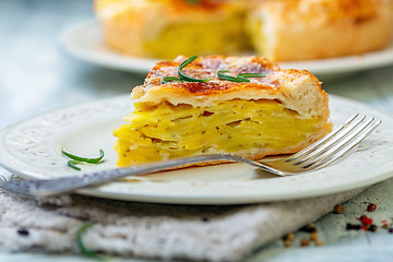 Image showing Piece of French puff pastry with potatoes.