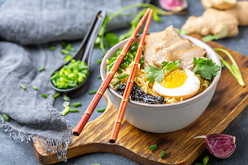 Image showing Ramen noodles with pork and pickled egg.