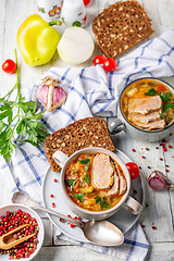 Image showing Meat soup with fresh cabbage and vegetables.