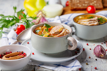 Image showing Soup with fresh cabbage and meat in ceramic bowl.