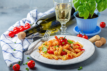 Image showing Pasta with tomato sauce and shrimp.