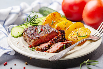 Image showing Entrecote with roasted new potatoes.