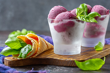 Image showing Homemade blueberry ice cream with basil.