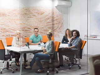 Image showing Startup Business Team At A Meeting at modern night office buildi