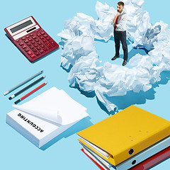 Image showing Flat isometric view of businessman with folders, documents, empty copy space