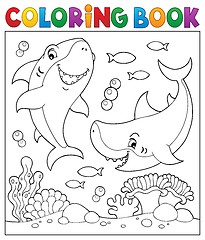 Image showing Coloring book sharks underwater 1