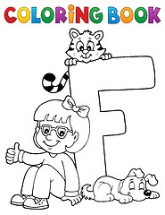 Image showing Coloring book girl and pets by letter F