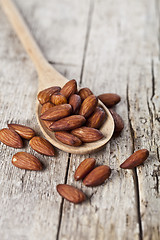 Image showing Organic fresh almond seeds on wooden spoon closeup on rustic woo