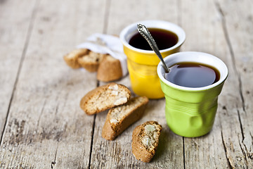 Image showing Two cup of coffee and fresh Italian cookies cantuccini with almo