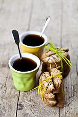 Image showing Two cup of coffee and fresh Italian cookies cantuccini with almo